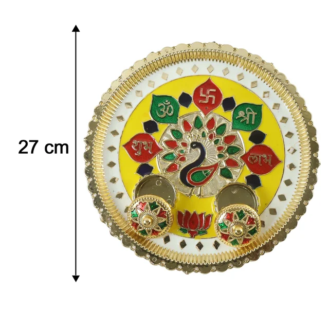 Big Decorative Pooja Thali, Golden Meenakari Puja Plate with Kumkum Bowls (1 Pc)