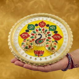 Big Decorative Pooja Thali, Golden Meenakari Puja Plate with Kumkum Bowls (1 Pc)