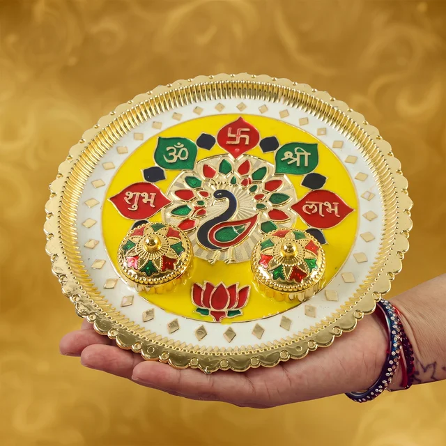 Big Decorative Pooja Thali, Golden Meenakari Puja Plate with Kumkum Bowls (1 Pc)