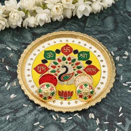 Big Decorative Pooja Thali, Golden Meenakari Puja Plate with Kumkum Bowls (1 Pc)