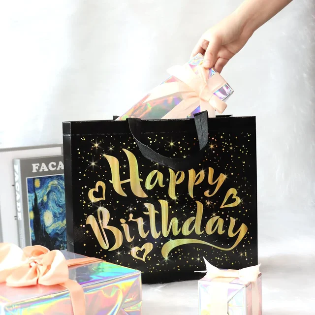 Birthday Gift Bag with Gold Stars – Reusable Black Tote