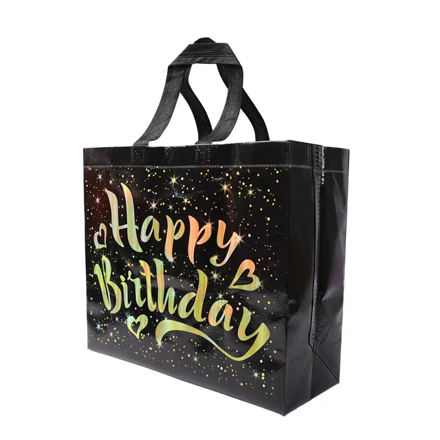 Birthday Gift Bag with Gold Stars – Reusable Black Tote