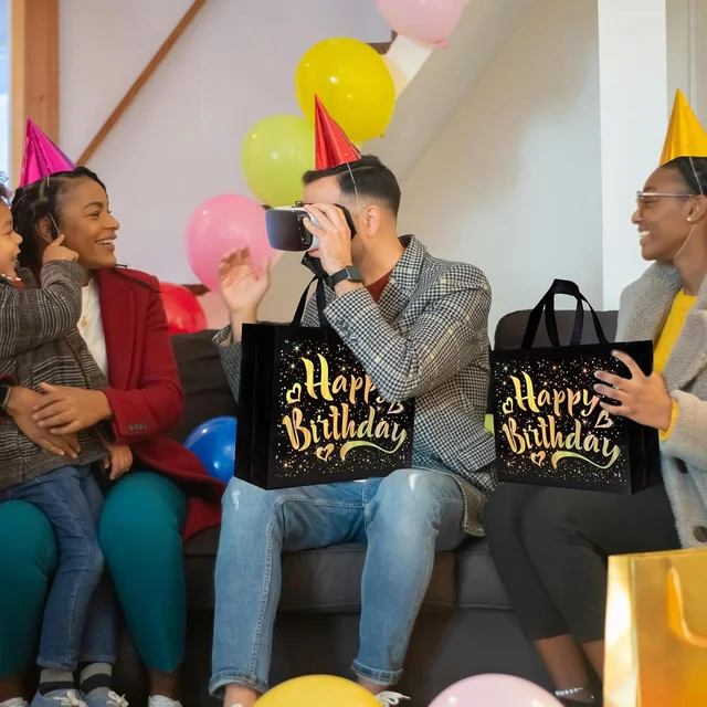Birthday Gift Bag with Gold Stars – Reusable Black Tote
