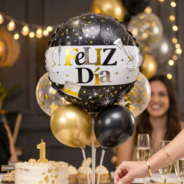 Black Gold 'Feliz Dia' Foil Balloon – Bright Party Decor for Celebrations
