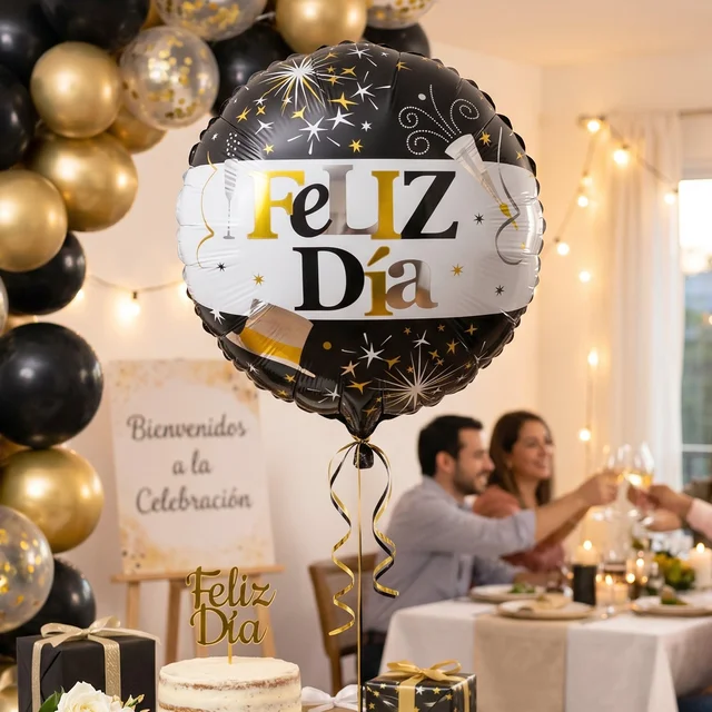 Black Gold 'Feliz Dia' Foil Balloon – Bright Party Decor for Celebrations