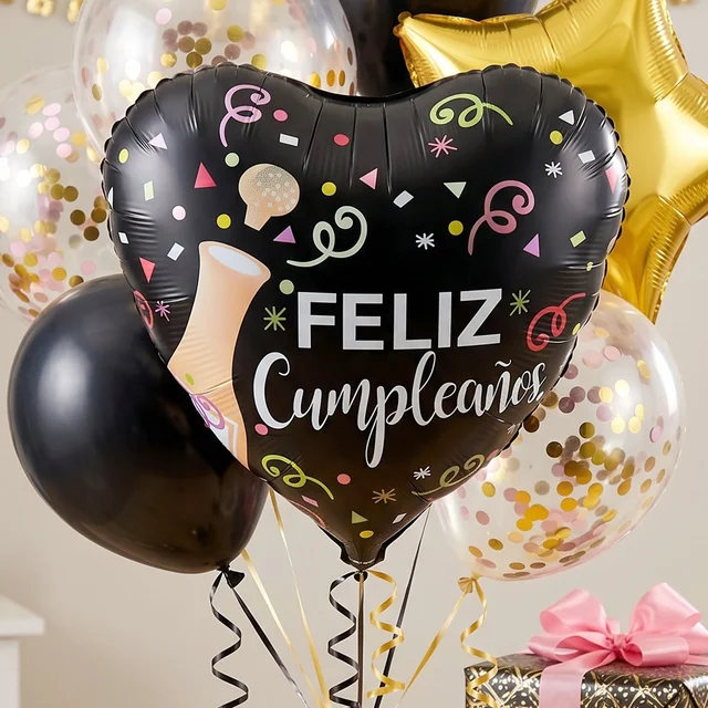 Black Heart Feliz Cumpleaños Foil Balloon – Bright Party Decor