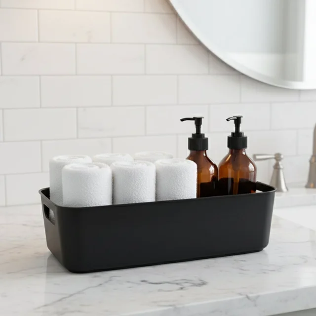 Black Plastic Storage Basket Tray – 4-Piece Stackable Organizer
