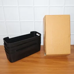Black Plastic Storage Basket Tray – 4-Piece Stackable Organizer