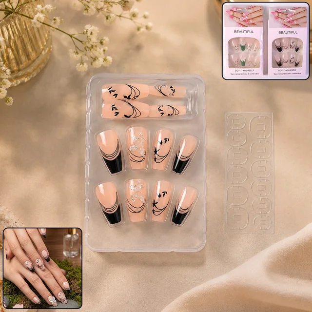 Burgundy Artificial Press-On Nails – Reusable Floral Set (Mix Design)