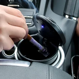 Car Ashtray with Lid & Blue LED Light – Portable Smokeless Design