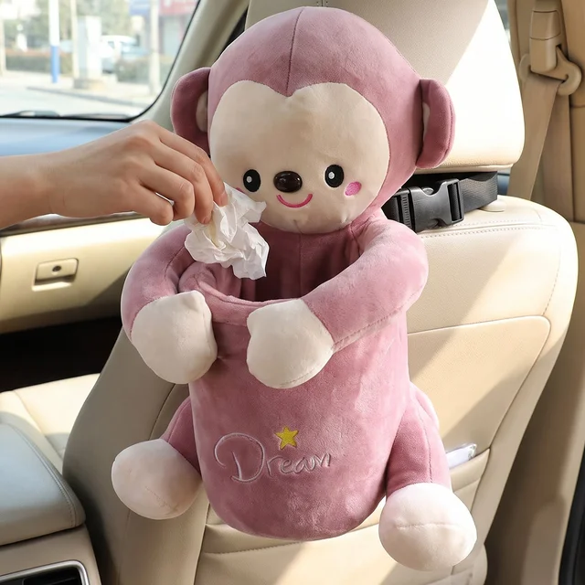 Car Trash Can and Tissue Box Holder Cute Plush Monkey Dustbin Organizer (1 Pc)