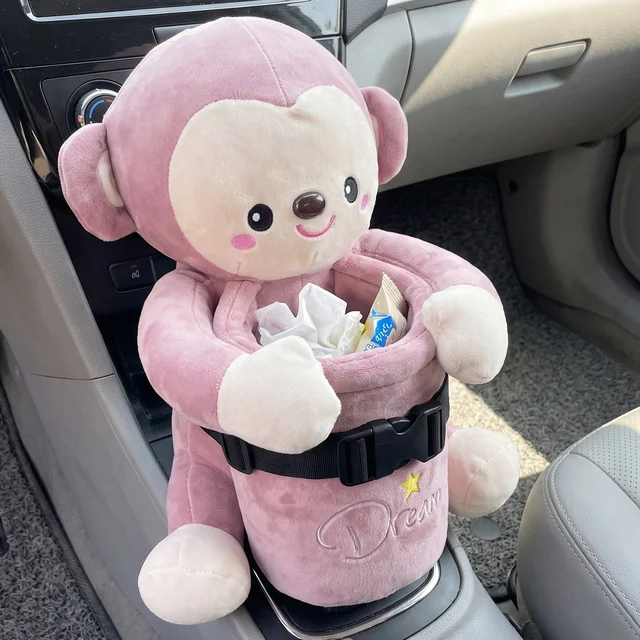 Car Trash Can and Tissue Box Holder Cute Plush Monkey Dustbin Organizer (1 Pc)