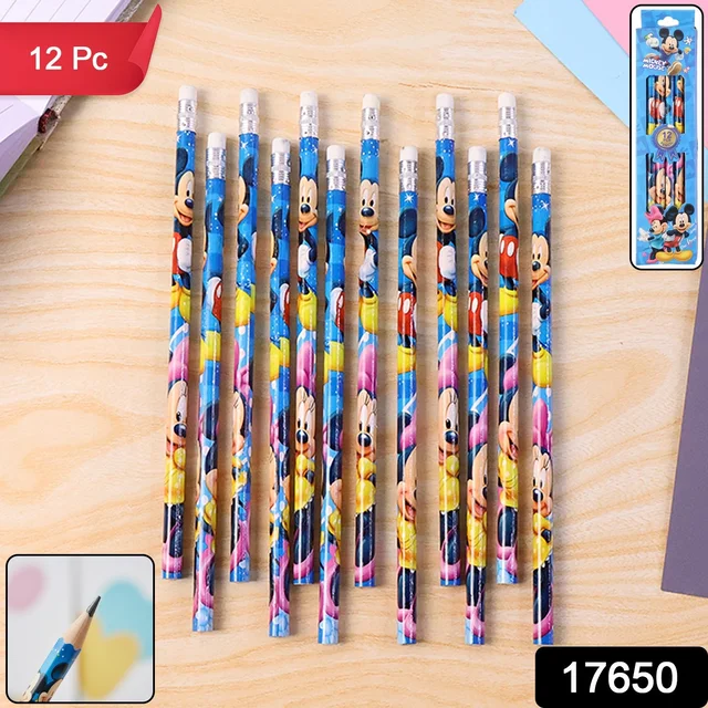 Cartoon-Printed Graphite Pencils – 12 Pc Kids Set with Eraser