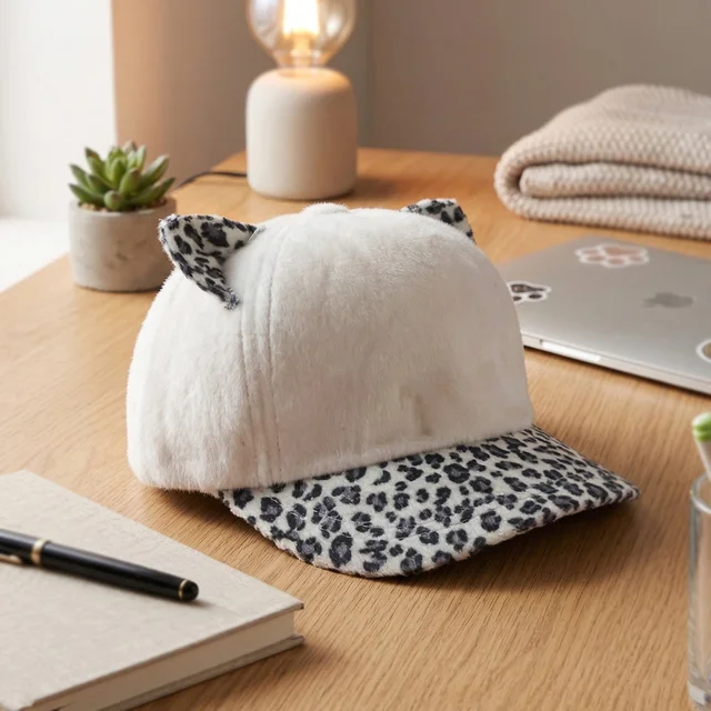 Cat Ear Fur Cap – Trendy Winter Headwear with Printed Visor