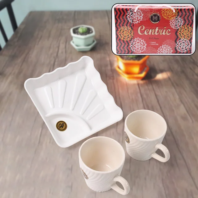 Ceramic Tea Cup Set – Includes Plastic Square Serving Platter