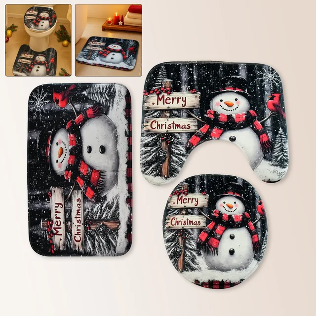 Christmas Bathroom Mat Set – Soft Snowman 3-Piece Décor