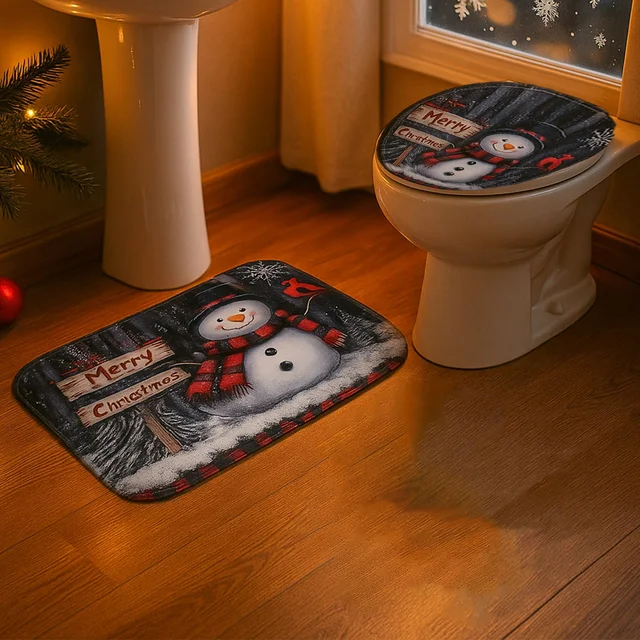 Christmas Bathroom Mat Set – Soft Snowman 3-Piece Décor