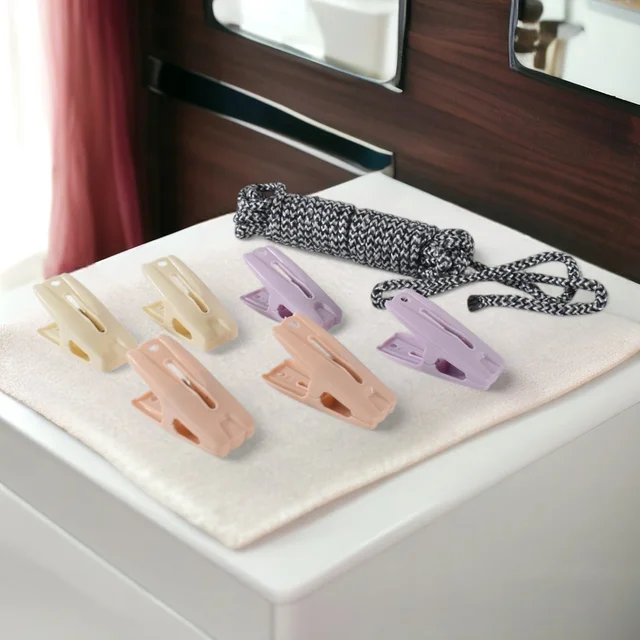 Cloth Drying Rope with Clips – Durable 7-Piece Hanging Set