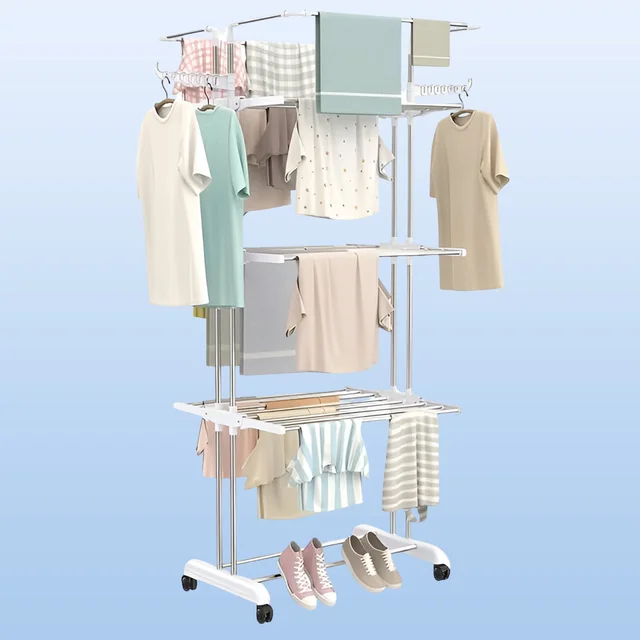 Cloth Drying Stand – 3-Tier Foldable Stainless Steel with Wheels