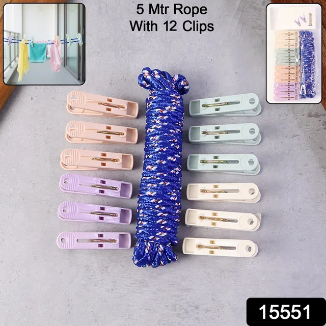 Clothesline Rope with 12 Clips – 5 Meter Heavy Duty Drying Rope
