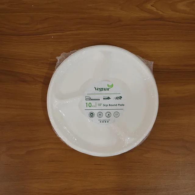 Compostable 10 Inch 3-Compartment Bagasse Plate – Leak-Resistant & Eco-Friendly