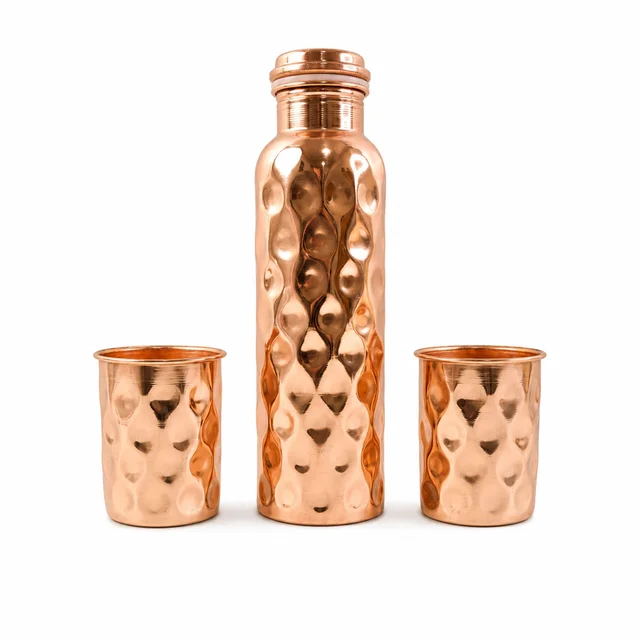 Copper Water Bottle Set – Diamond Cut & 2 Glasses | Own Hydrate