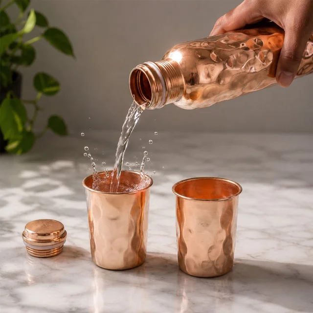 Copper Water Bottle Set – Diamond Cut & 2 Glasses | Own Hydrate