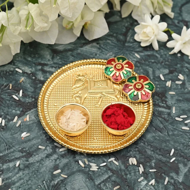 Cow Design Kankavati Kumkum Holder, Golden Pooja Thali with Compartments (1 Pc)