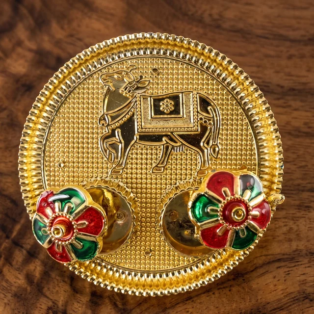 Cow Design Kankavati Kumkum Holder, Golden Pooja Thali with Compartments (1 Pc)