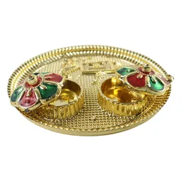 Cow Design Kankavati Kumkum Holder, Golden Pooja Thali with Compartments (1 Pc)