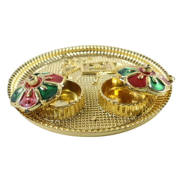 Cow Design Kankavati Kumkum Holder, Golden Pooja Thali with Compartments (1 Pc)