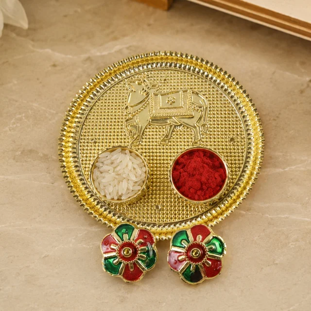 Cow Design Kankavati Kumkum Holder, Golden Pooja Thali with Compartments (1 Pc)
