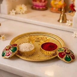 Cow Design Kankavati Kumkum Holder, Golden Pooja Thali with Compartments (1 Pc)