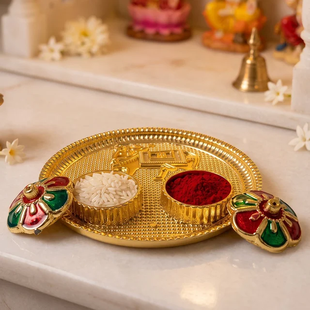 Cow Design Kankavati Kumkum Holder, Golden Pooja Thali with Compartments (1 Pc)