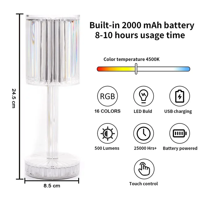 Crystal Table Lamp – Touch Control, USB Charging | Tidy Table