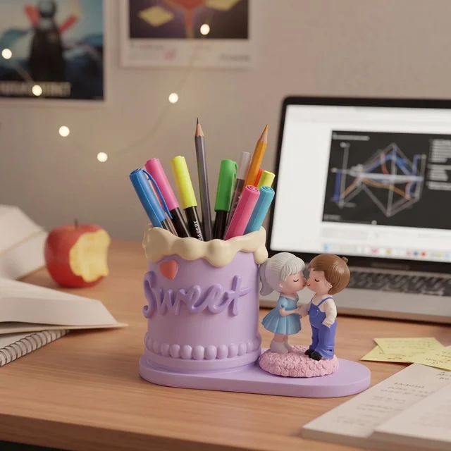 Cute Couple Pen Holder – Adorable Resin Desk Organizer & Showpiece