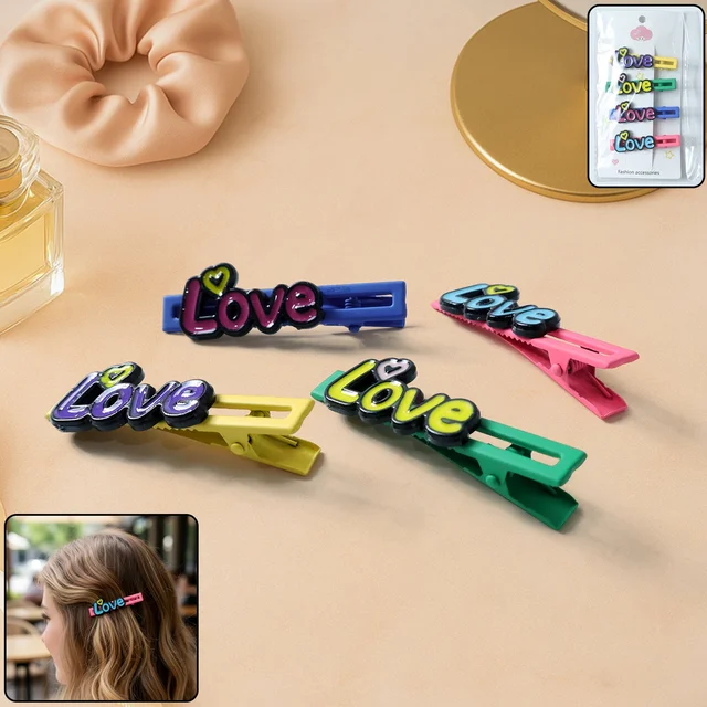 Decorative Hair Clip Set – Stylish Text Design, Pack of 4