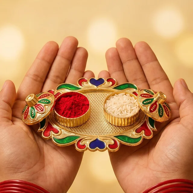Decorative Kankavati Kumkum Holder, Golden Enamel Pooja Thali with Bowls (1 Pc)