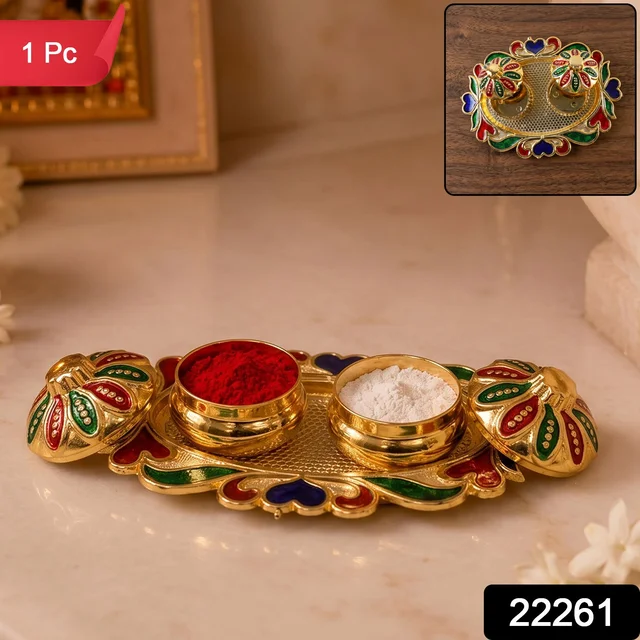 Decorative Kankavati Kumkum Holder, Golden Enamel Pooja Thali with Bowls (1 Pc)