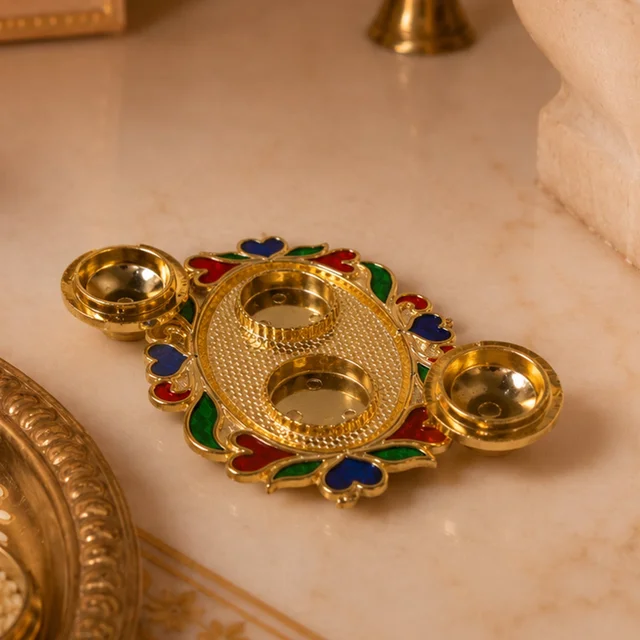 Decorative Kankavati Kumkum Holder, Golden Enamel Pooja Thali with Bowls (1 Pc)