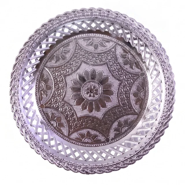 Decorative Silver Serving Tray – Elegant Round Floral Design