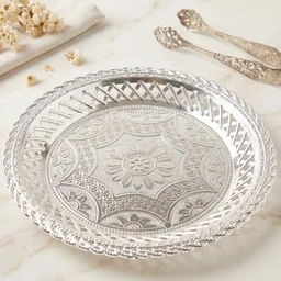 Decorative Silver Serving Tray – Elegant Round Floral Design