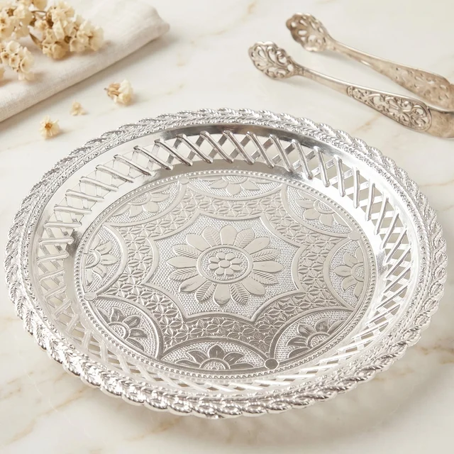 Decorative Silver Serving Tray – Elegant Round Floral Design