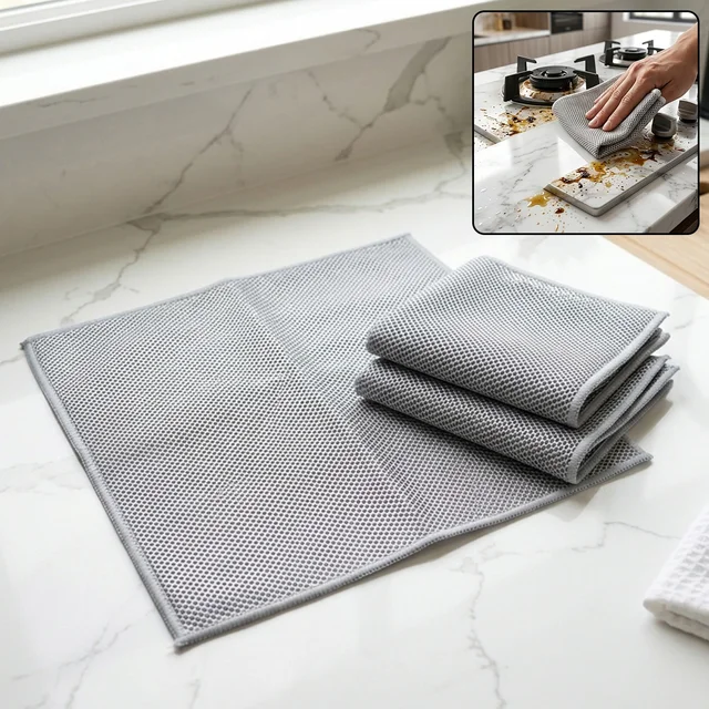 Dual Sided Microfiber Cleaning Towel for Kitchen Countertop Gas Stove (3 Pc Set)