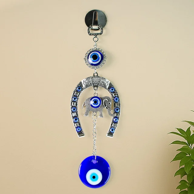 Evil Eye Hanging with Elephant & Horseshoe – Protective Wind Chime
