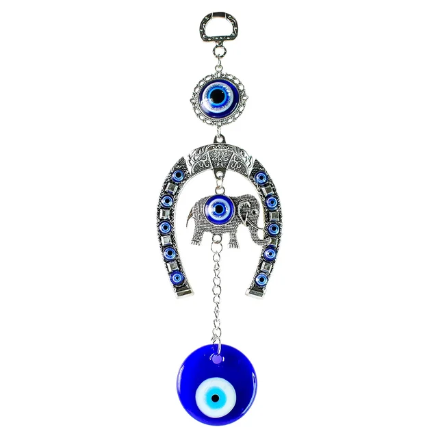 Evil Eye Hanging with Elephant & Horseshoe – Protective Wind Chime