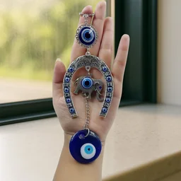 Evil Eye Hanging with Elephant & Horseshoe – Protective Wind Chime