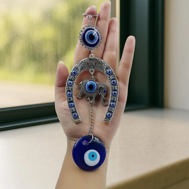 Evil Eye Hanging with Elephant & Horseshoe – Protective Wind Chime