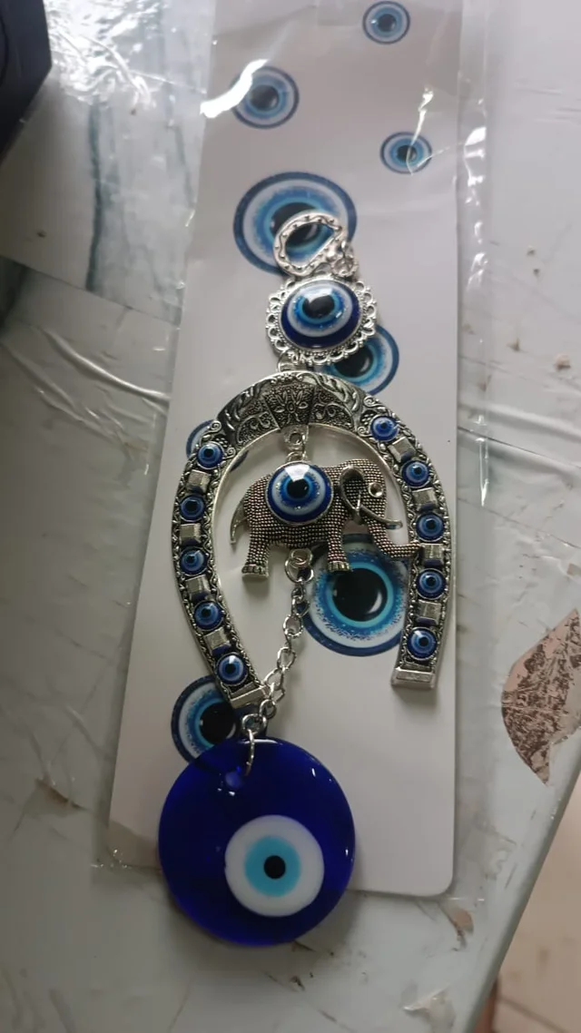 Evil Eye Hanging with Elephant & Horseshoe – Protective Wind Chime