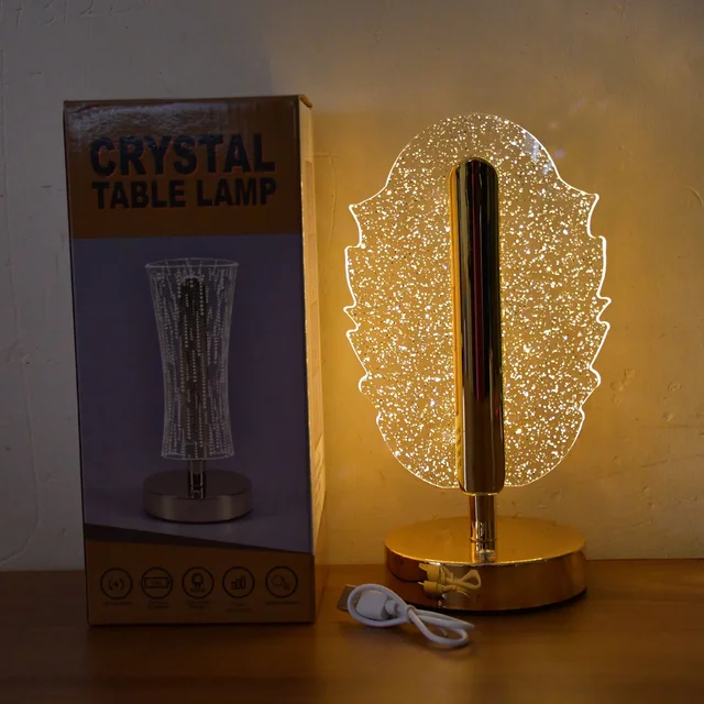 Feather Shape Crystal Table Lamp – Elegant USB Charging LED Light